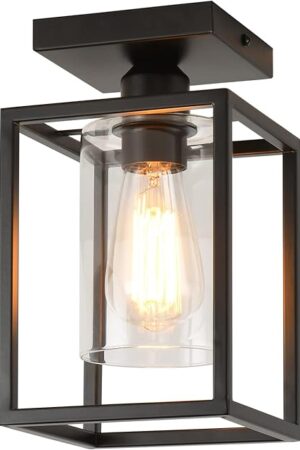 1 Pack Semi Flush Mount Black Metal Frame Ceiling Light with Clear Glass Shade, Farmhouse Fixture for Kitchen, Island, Entryway, Porch, Foyer, Dining Room