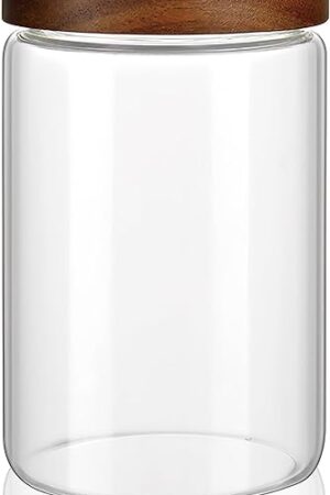 28 oz/850 ml Clear Glass Storage Canister with Airtight Wooden Screw Lid, Medium Cute Decorative Glass Container Jar for Coffee,Spice,Candy,Salt,Cookie,Condiment,Pepper,Sugar,Overnight Oatmeal