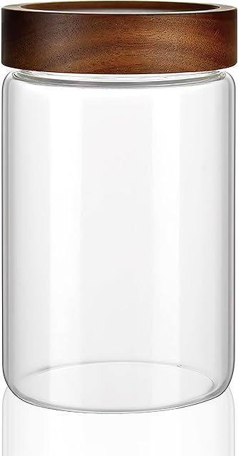 28 oz/850 ml Clear Glass Storage Canister with Airtight Wooden Screw Lid, Medium Cute Decorative Glass Container Jar for Coffee,Spice,Candy,Salt,Cookie,Condiment,Pepper,Sugar,Overnight Oatmeal
