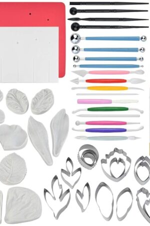 62pcs Gumpaste Flowers and Leaves Fondant Tool Leaf Tool Kit Gum Paste Flower Cutter Set Stainless Steel Flower Cutter Silicone Molds Foam Pad Veining Board Ball Tools Modelling Tools Brushes