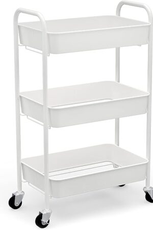 CAXXA 3-Tier Rolling Metal Storage Organizer - Mobile Utility Cart Kitchen Cart with Caster Wheels, White