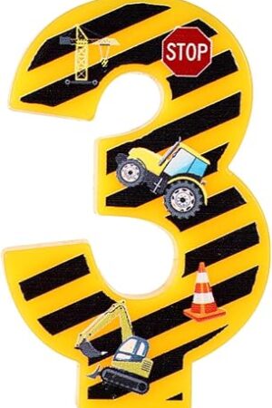 Construction Birthday Candle, Happy Birthday Candles Numbers Construction Cake Topper Yellow and Black Striped Candles for Boys Construction Birthday Party Supplies Decorations (Number 3)