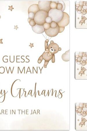 We Can Bearly Wait Baby Shower Games Guess How Many Bear Game Sign and String Card for 50 Guests for Boys Baby Shower (Brown)