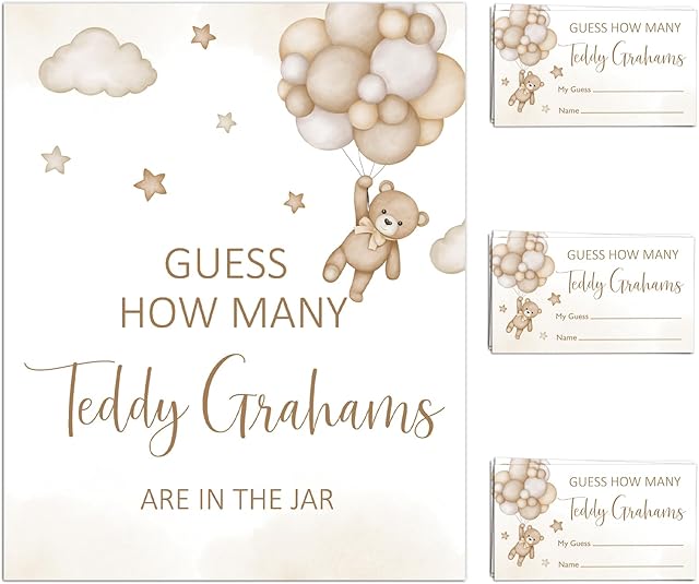 We Can Bearly Wait Baby Shower Games Guess How Many Bear Game Sign and String Card for 50 Guests for Boys Baby Shower (Brown)