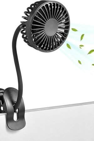 Clip On USB Mini Desk Fan with Emergency Power Bank, Battery Operated Rechargeable Portable Fan - Flexible Neck, 3 Speed Personal Cooling for Baby Stroller, Car, Camping, Office, Dorm, Beach - Black