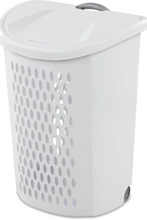 Wheeled Hamper, Plastic Laundry Hamper with Handle for Easy Transport, White
