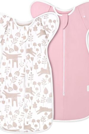 2-Pack Newborn Swaddle Sleep Sack - Arms Up Swaddle 0-3 Months, Baby Transitional Swaddles for Newborn, Cuff Removable Design, Pink Bunny Breathable Sleep Sacks with 2-Way Zipper