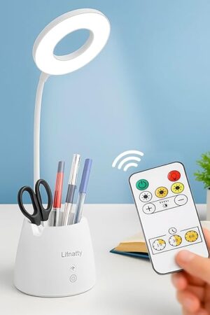 Desk Lamp, Led Desk Light, Dimmable Small Table Lamp for Home Office, Wireless, Remote Control, 3 Modes, Gooseneck, Rechargeable Study Light for College Dorm Room