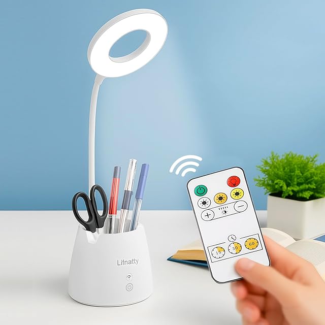 Desk Lamp, Led Desk Light, Dimmable Small Table Lamp for Home Office, Wireless, Remote Control, 3 Modes, Gooseneck, Rechargeable Study Light for College Dorm Room