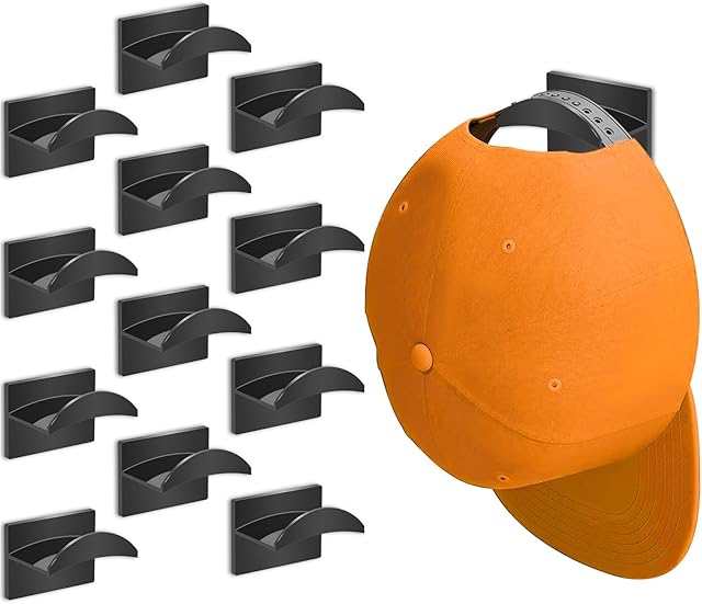Adhesive Hat Hooks for Wall (12 PCS) - Hat Racks for Baseball Caps, Minimalist Hat Rack Design, Strong Hold Hat Hangers, No Drilling, Hat Organizer for Wall, Room Decor (Black)
