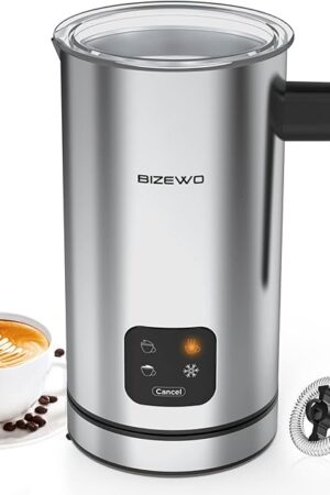BIZEWO Milk Frother Electric, Warm and Cold Milk Steamer, 4 IN 1 Automatic Milk Warmer Stainless Steel with Touch Screen for Coffee, Latte, Macchiato, Cappuccino, Hot Chocolate