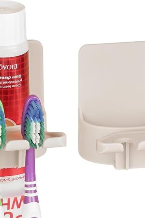 2 PCS Self-Adhesive Toothbrush Holders Wall Mounted, Water Proof Toothbrush Hook, 3 in 1 with Toothbrush Hanger Toothpaste Holder and Gargle Cup Holder for Bathroom Shower (Beige)