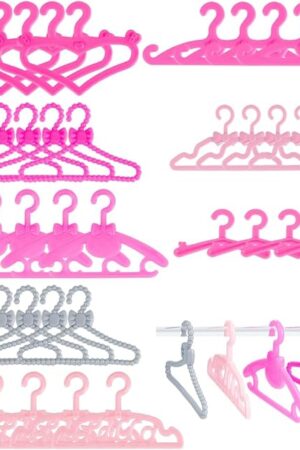 The PH PandaHall 80pcs Doll Clothes Hangers, 8 Styles Pink Hangers for Doll Clothes Lovely Dolls Clothing Organizers Accessories Mini Hanger for Dolls Closet Gown Dress Outfit Holders House Decoration