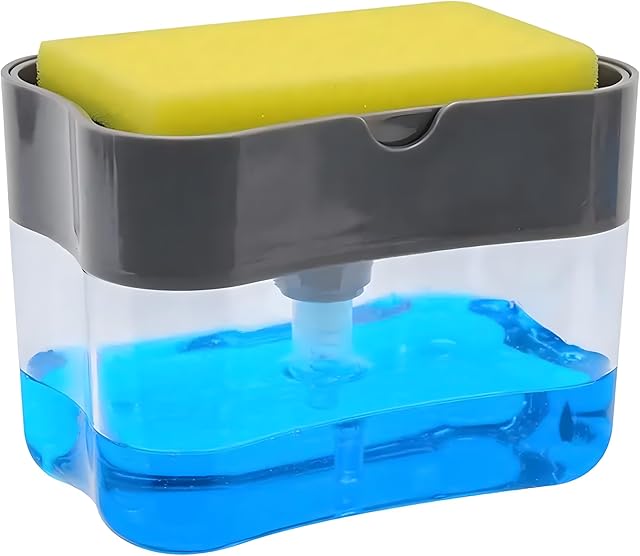 Countertop Kitchen Dish Soap Dispenser and Sponge Holder.Sink Dish Washing Soap Dispenser with one Gentle Push 13 Ounces (Sponge Included)