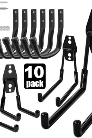 10-Pack Heavy Duty Garage Wall Hooks – Utility J Hooks for Hanging Ladders, Bikes, Garden Tools, Hose, with Anti-Slip Coating (Black*10)