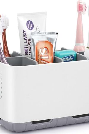 Boperzi Toothbrush and Toothpaste Holder Drainage for Bathroom Countertop with Adjustable Dividers, Large Toothpaste Caddy Organizer Storage Rustic Decor Set Anti-Slip for Shower,Family,Kids Gray