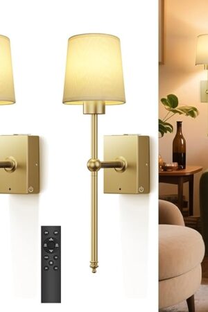 Battery Operated Wall Sconce Set of 2 - Gold Rechargeable 8000mAh Dimmable LED Wall Lights with Remote & Timer, Wireless Wall Lamps for Bedroom, Hallway, Living Room Decor