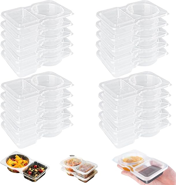 20 PCS Double Compartment Snack Containers with Lid, ReusableLeakproof Dipping Containers with Compartments, Containers for Snacks, Condiments, Fruit