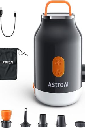 AstroAI Mini Air Pump for Inflatables with 3000mAh Battery Air Mattress Pump with Camping Lantern Electric Air Pump with 5 Nozzles Inflate & Deflate Air Mattress, Vacuum Storage Bags