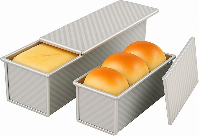 2-Pack Pullman Loaf Pan with Lid –Includes Two Size 13.6*5.3" & 8.4*4.8" Loaf Pan, Silver Textured Finish, Vented Bottom, Nonstick Bread Pan Set, Ideal for Sandwich Bread, Toast, Sourdough