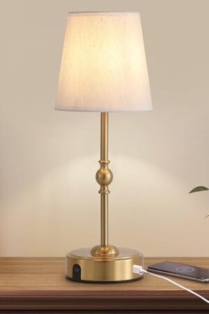 Cordless Rechargeable LED Table Lamp with Dimmer,Nightstand Lamp with USB Port,Antique Brass Portables Outdoor Lamp, Battery Operated Lamp for Patio Bedroom Bedside Balcony Camping Bar RV