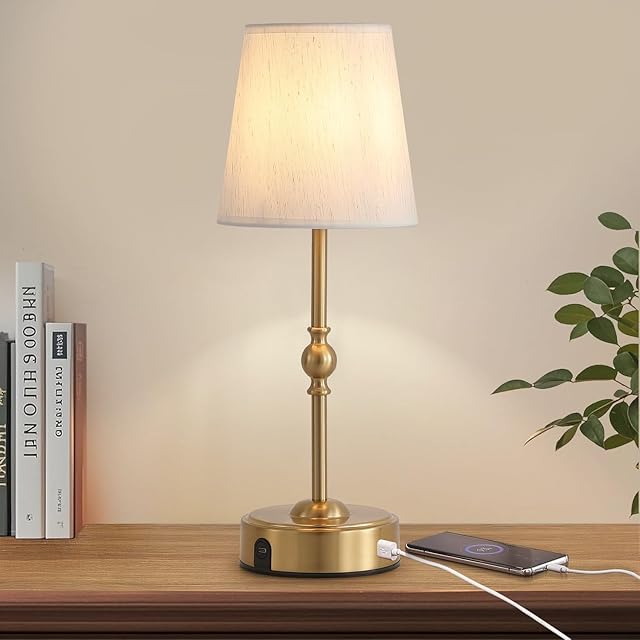 Cordless Rechargeable LED Table Lamp with Dimmer,Nightstand Lamp with USB Port,Antique Brass Portables Outdoor Lamp, Battery Operated Lamp for Patio Bedroom Bedside Balcony Camping Bar RV