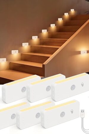 Yiliaw Motion Sensor Night Lights Indoor - Rechargeable Stick-On Stair Lights with Wireless Magnetic Mount, Adjustable Brightness & 3 Color Temps for Hallway, Stairway, Bathroom, Closet (6-Pack)