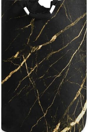 ALAZA Large Laundry Basket Black Marble Gold Texture Laundry Bag Hamper Collapsible Oxford Cloth Stylish Home Storage Bin with Handles, 22.7 Inch