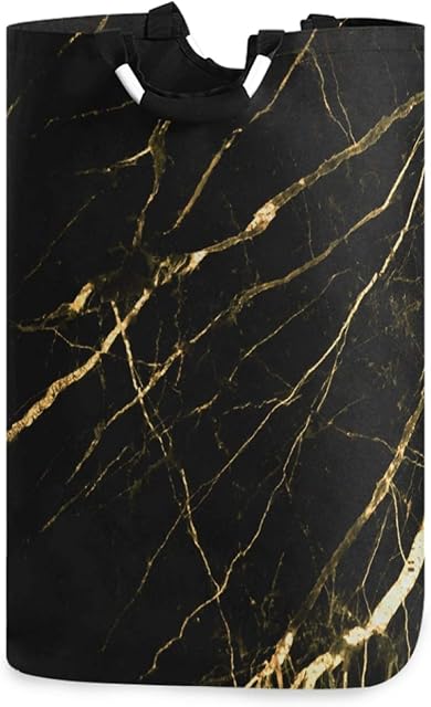 ALAZA Large Laundry Basket Black Marble Gold Texture Laundry Bag Hamper Collapsible Oxford Cloth Stylish Home Storage Bin with Handles, 22.7 Inch