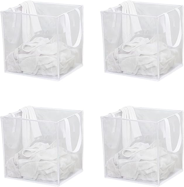 4 Pack Popup Laundry Hamper, Small Collapsible Mesh Laundry Baskets Dirty Clothes Basket with Handle Cube Storage Basket for Washing Storage,Toy Storage,Dorm and Travel(White,13 Inch)