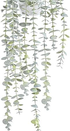 Decorative Hanging Plants for Shelf, Faux Ivy Eucalyptus Vine, Fake Greenery in White Bigger Pot (Light Green, 1PCS)