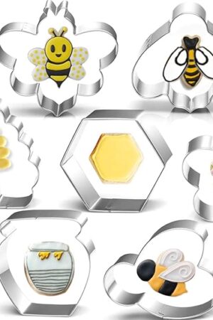 Bee Cookie Cutters Set - 3 Inches - 7 Piece - Beehive, Flower, Honeycomb and Honey Jar Stainless Steel Biscuit Molds for Honey Bee Party Decoration Favor