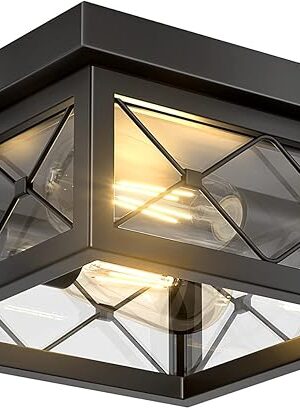 Asnxcju Farmhouse Light Fixtures Ceiling Mount, 2-Light Black Flush Mount Ceiling Light with Clear Glass Shade, Metal Cage Square Close to Ceiling Lamp for Bathroom Kitchen Porch (Bulbs Not Included)