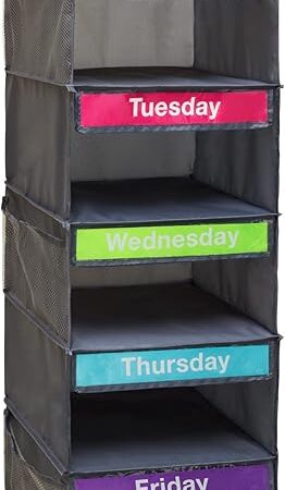 5-Shelf Weekly Clothes Organizer for Kids, Kids Daily Shelf Hanging Closet Organizer with 6 Side Pockets, Days of The Week Hanging Storage Shelves, Grey