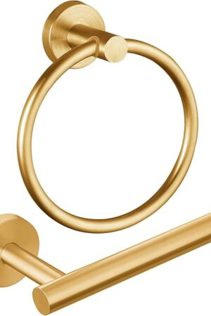 Brushed Gold Bathroom Hardware Set, Towel Ring & Toilet Paper Holder, Stainless Steel SUS304, Hand Towel Hanger & Toilet Roll Holder, Sturdy Bathroom Accessories for Home or Kitchen