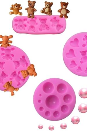 4 Pcs Silicone Fondant Mold and 3D Pearl Fondant Mold - Bear Candy Chocolate Molds - Semi Sphere Chocolate Silicone Molds for Teddy Bear Cake Decoration Cupcake Topper Bakeware Tool