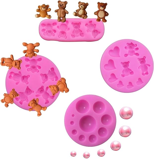 4 Pcs Silicone Fondant Mold and 3D Pearl Fondant Mold - Bear Candy Chocolate Molds - Semi Sphere Chocolate Silicone Molds for Teddy Bear Cake Decoration Cupcake Topper Bakeware Tool