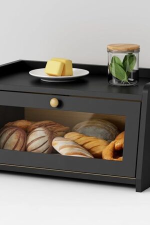 Black Bread Box for Kitchen Countertop, Vintage Wooden Counter Breadbox, Homemade Bread Storage Container for Sourdough Loaf, Small Farmhouse Corner Kitchen Countertop Organizer for Cabinet