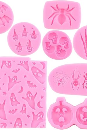 Zixiang Halloween Silicone Mold Pumpkin Silicone Cake Mold Fondant Cupcake Chocolate Mold Skull Skeleton Hand Spider Bat Ghost Witch Candy Mold For Halloween Cake Decorating Gum Paste Set Of 8