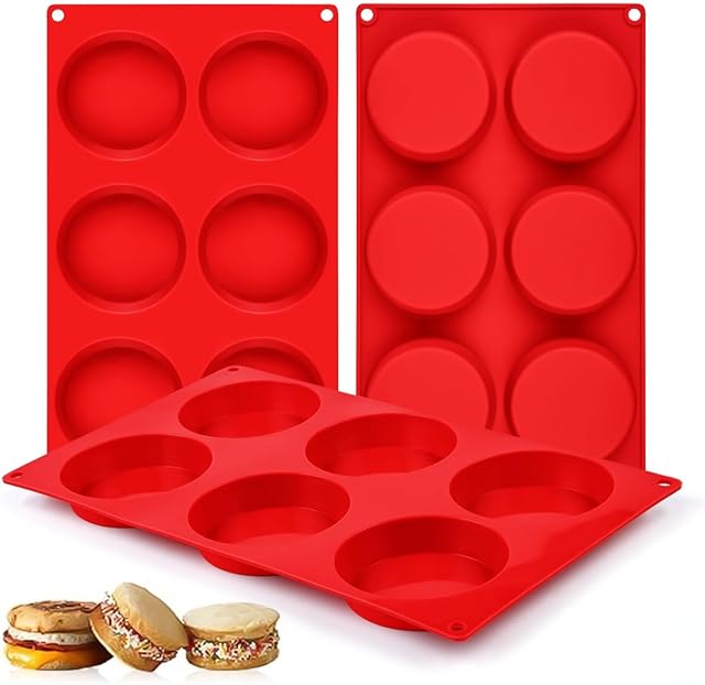 CAKETIME Muffin Top Pan, Silicone Egg Molds for Breakfast Sandwiches 3 Inch Round Silicone Baking Molds for Baking English Muffins, Whoopie Pies, Corn Bread, Egg Bites, Tarts 3 Pack