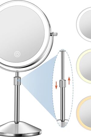 Vanity Mirror with Lights 7" Rechargeable 1x/10x Lighted Makeup Mirror Adjustable Height Double Sided Mirror with Lights 360°Rotating Makeup Mirror