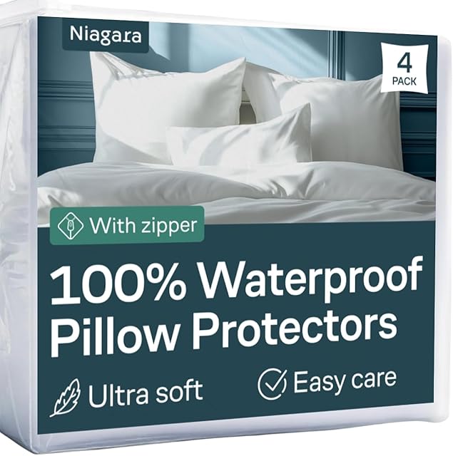 Anti-Allergy 100% Waterproof Pillow Protectors - Standard Size 20x26 Inches 4-Pack, Dust Mite & Bed Bug Proof Zippered Covers, White