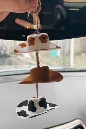 Cowboy Hat Car Charm,Country Rear View Mirror Hanging Accessories,Sunflower Cowgirl hat Cow Print Car Decor,Cute Handmade Felt Mini Hat Ornament Pendent for Women Girls (Flower)
