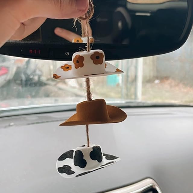Cowboy Hat Car Charm,Country Rear View Mirror Hanging Accessories,Sunflower Cowgirl hat Cow Print Car Decor,Cute Handmade Felt Mini Hat Ornament Pendent for Women Girls (Flower)