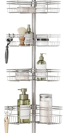 Zenna Home Tension Pole Shower Caddy Corner Organizer, Adjustable Standing Shower Caddy with 4 L-shaped Baskets and Hooks, Rust Resistant Bathroom Tension Rod Organizer, 60 to 97 Inch, Satin Nickel