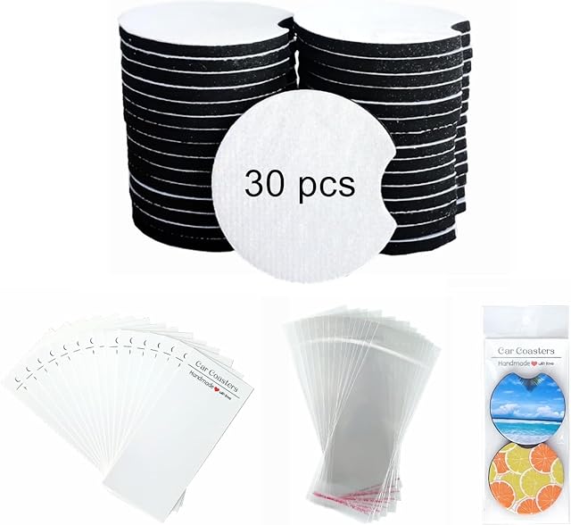 60PCS Sublimation Coasters Blanks, Round Car Coasters Sublimation Blanks Set, Car Coaster Packaging with Display Cards Bags, 2.75 Inch Blank Cup Mat for Sublimation Transfer Heat Press DIY Crafts
