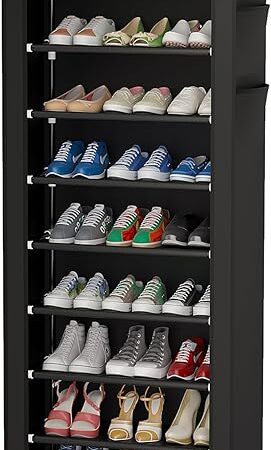 Calmootey 9 Tier Shoe Rack Shelf Portable Black with Nonwoven Fabric Cover