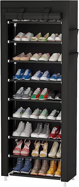 Calmootey 9 Tier Shoe Rack Shelf Portable Black with Nonwoven Fabric Cover