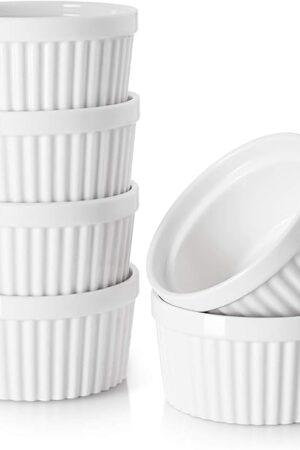 DOWAN Ramekins 4 oz Oven Safe for Creme Brulee Souffle, Porcelain Custard Cups Ramiken for Baking, Small Bowls Dipping Sauce Dish Classic Style, Set of 6, Soft White
