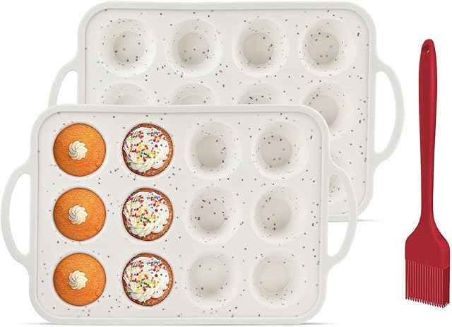 2Pack Silicone Muffin Pan For Baking With Metal Reinforced Frame, 12 Cup Nonstick Cupcake Pan, BPA Free Silicone Mini Muffin Pan, Cupcake Baking Pan Molds for Oven With Silicone Brush(Small Size)